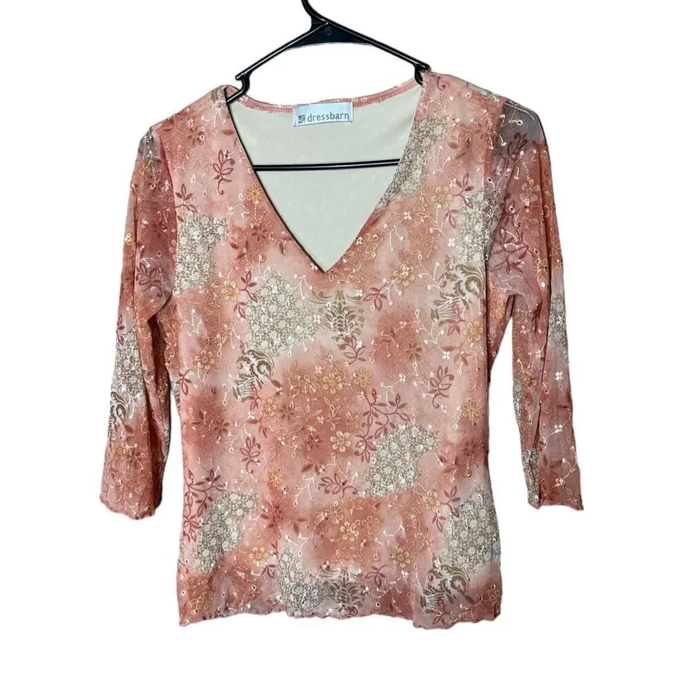 Dressbarn Y2K Floral Embroidered 3/4 Sleeve Top‎